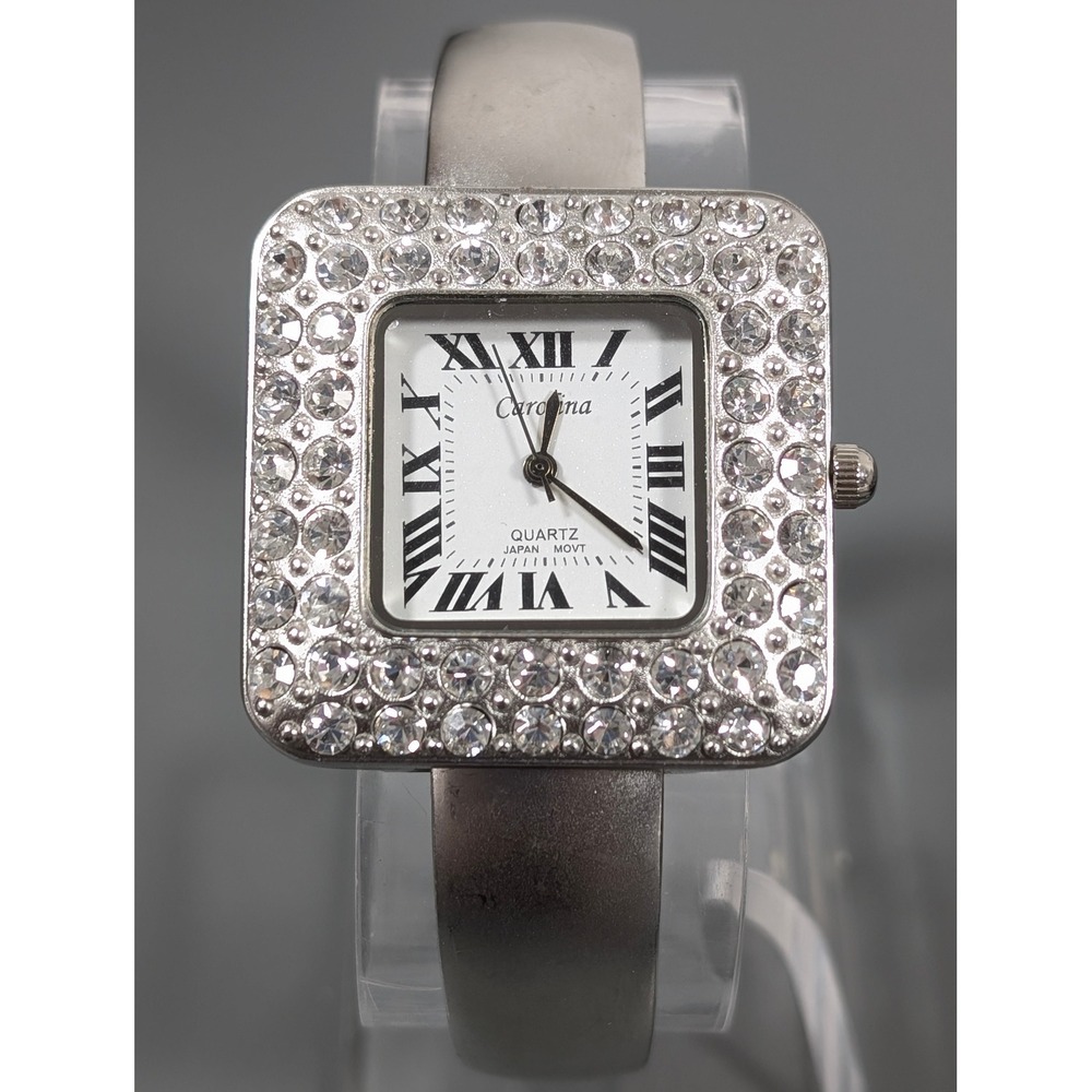 Silver Tone Rhinestone Cuff Watch Square Face Quartz 6.5" Womens